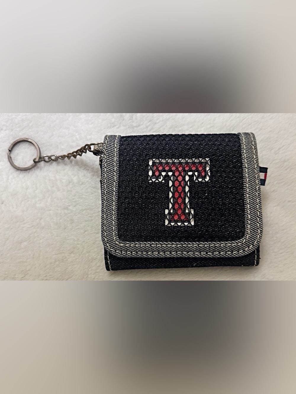 Tommy Hilfiger Black Denim Trifold Wallet with Red 'T' and Key Ring